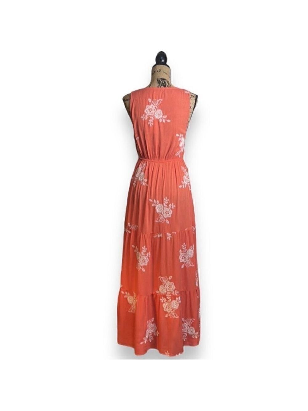 Coral Embroidered Maxi Dress Women's Size Medium V-Neck Elastic Waist Blue Rain - Picture 6 of 9